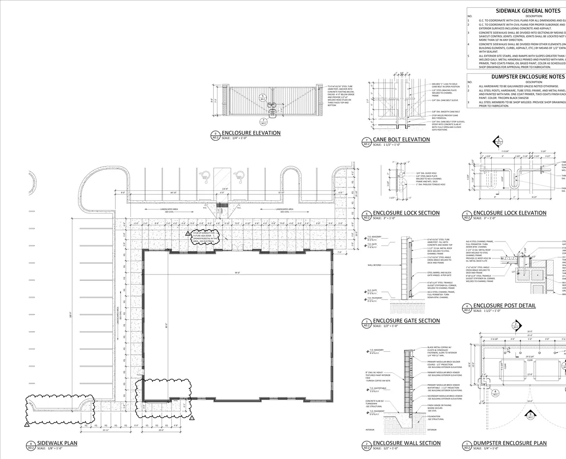 Hoja de planos real de un proyecto comercial: planta del sitio y detalles de construcción